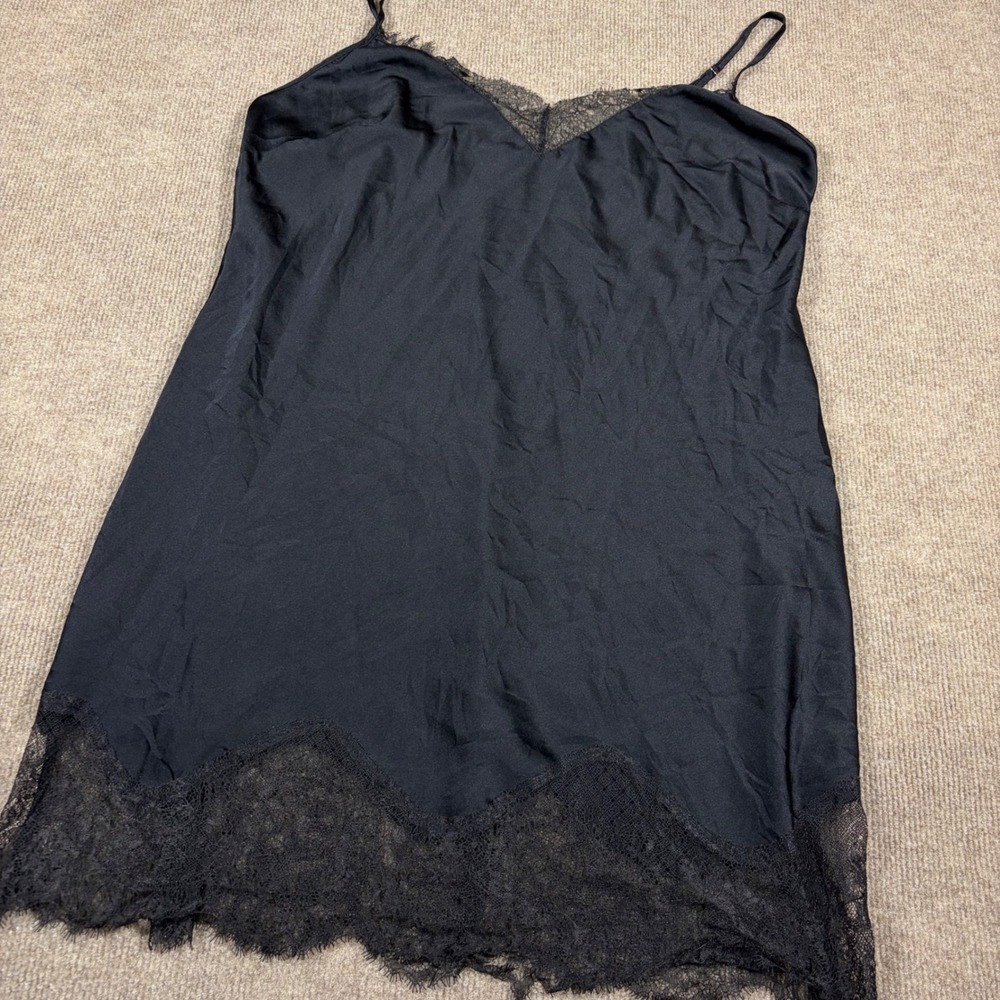 Victorias Secret Black Satin Lace Trim Slip Dress Nightgown Large